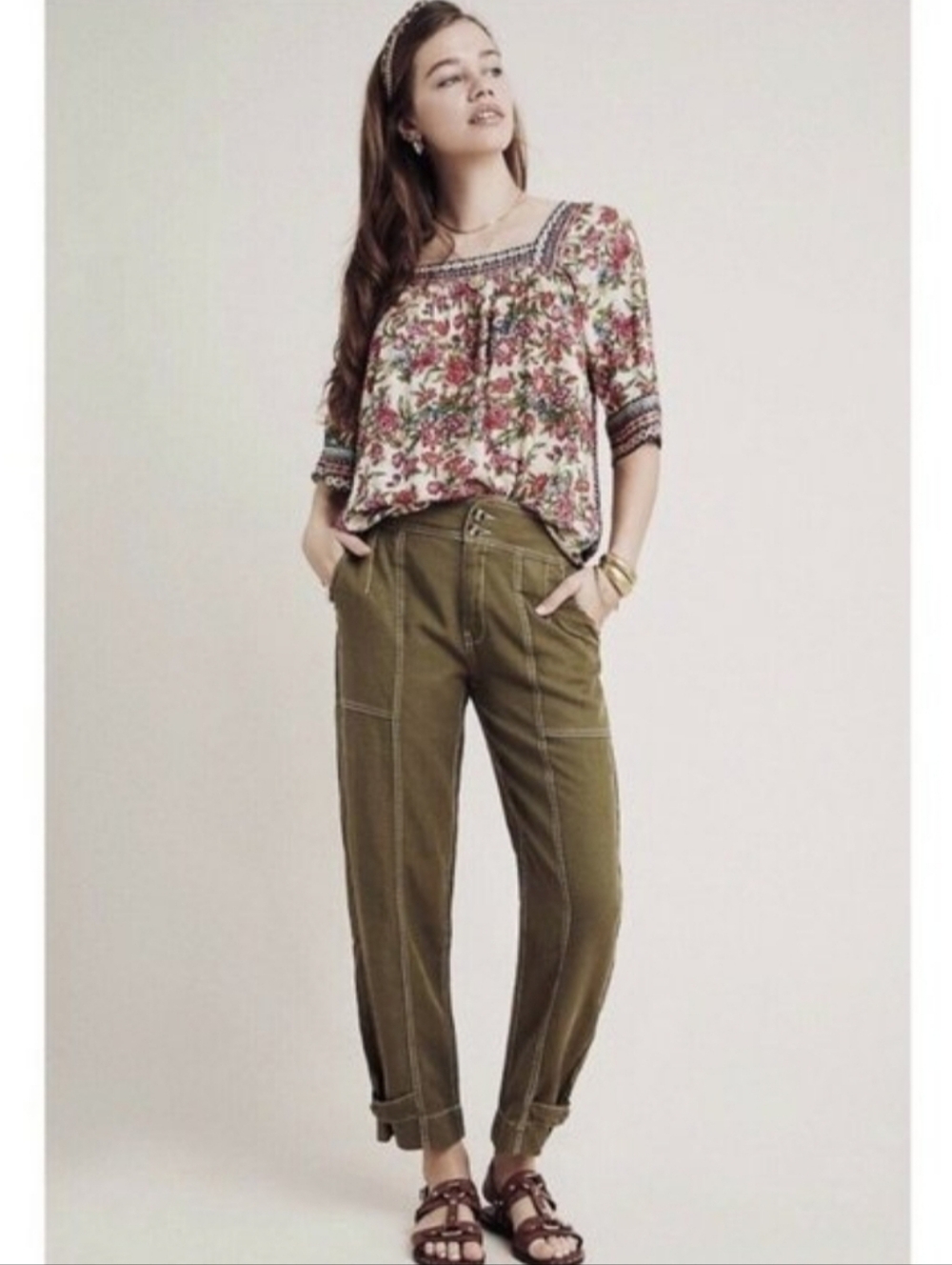 ANTHROPOLOGIE Jackson Utility Pants Lyocell Linen Tapered Cargo Olive Green Sz 6